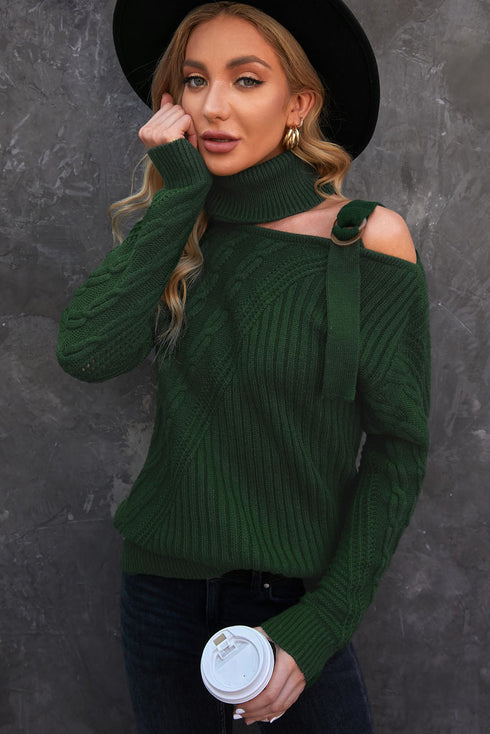 Strapped Cut Out Shoulder Turtleneck Sweater